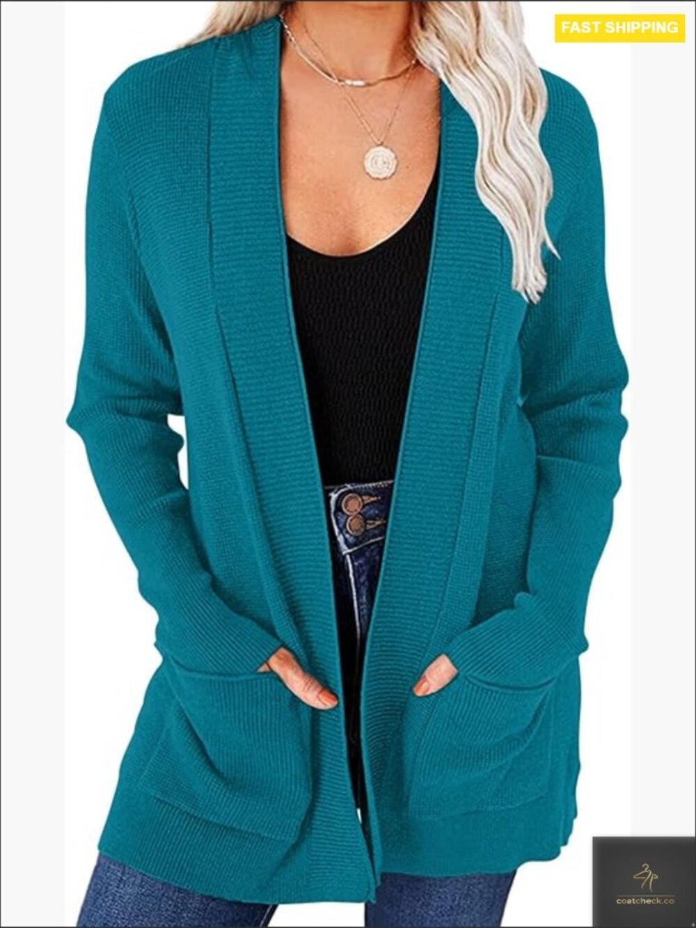 Lightweight Waffle Knit Cardigan Sweater with Pockets Open Front Casual Long
